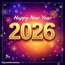 a happy new year 2026 greeting with fireworks in the background