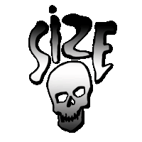 a drawing of a skull with the word size written above it