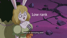 a cartoon rabbit with the words low rank what an annoying pest