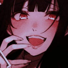 a close up of a girl 's face with red eyes and black hair