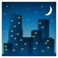 an illustration of a city skyline at night with a crescent moon in the sky