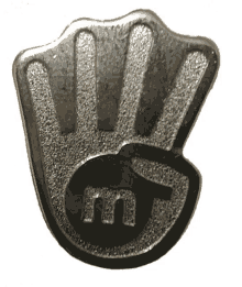 a silver pin with a hand giving the peace sign