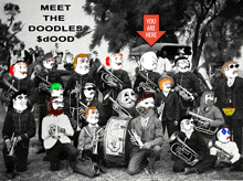 a black and white photo of a band with the words meet the doodles $ dood on the bottom