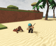a video game character is standing on a sandy beach holding a spear