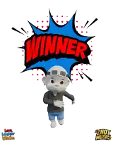 a cartoon character with a winner speech bubble behind him
