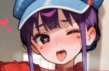 a close up of a girl with purple hair and a blue hat sticking her tongue out