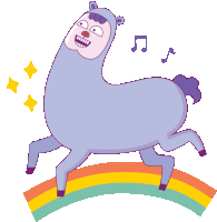 a cartoon llama is jumping over a rainbow with music notes behind it