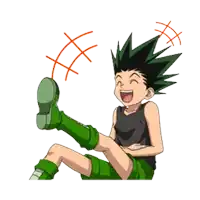 a cartoon of gon from hunter x hunter is sitting on the floor with his leg up .