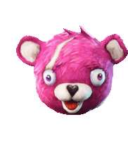 a pink teddy bear with purple eyes and a white nose