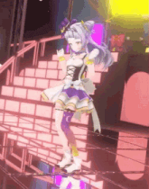 a girl in a purple and white dress is dancing on a stage