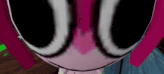 a close up of a cartoon character 's face with pink hair