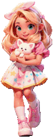 a girl in a pink dress is holding a stuffed cat