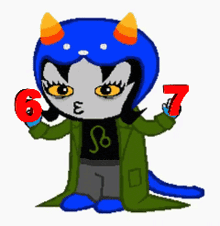 a cartoon drawing of a monster holding a red number 7