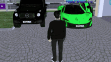 a man is standing in front of a green car with a license plate that says 777ma