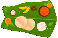 a drawing of food on a banana leaf with flowers on it