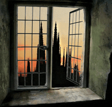 an open window with a view of a castle tower at sunset