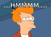 a cartoon character with orange hair has the words hmmmm on his head