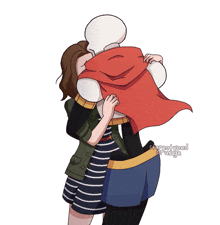 a drawing of a person hugging another person with the words stereolyped orange below