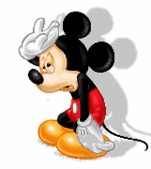 a cartoon of mickey mouse crying with a hand on his forehead