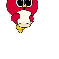 a red cartoon character is holding a white cup of coffee