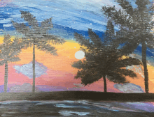 a painting of a sunset with palm trees in the foreground and a full moon in the background