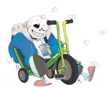 a drawing of sans riding a tricycle with a cup in his hand