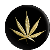 a gold marijuana leaf is on a black circle