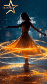 a silhouette of a woman dancing with a star fm logo in the background