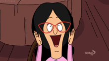 a cartoon of a woman with glasses and a global hd logo