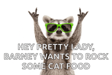 a raccoon wearing green sunglasses is making a rock sign