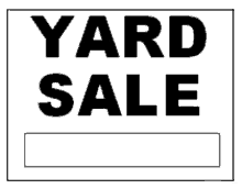 a black and white yard sale sign with a white square in the middle .