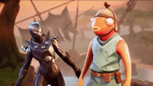 a man and a fish are standing next to each other in a video game . the fish has a bird on its head .