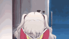 a girl with pigtails and a red jacket is looking down with her eyes closed