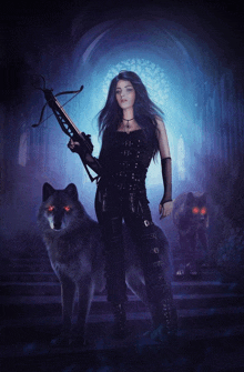 a woman holding a crossbow stands next to a wolf