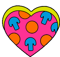 a pink heart with blue arrows and orange circles