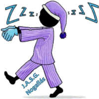 a cartoon of a person wearing purple pajamas and a purple hat with the words zzz written on it