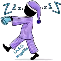 a cartoon of a person wearing purple pajamas and a purple hat with the words zzz written on it