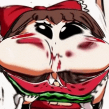 a cartoon of a girl with a watermelon in her mouth