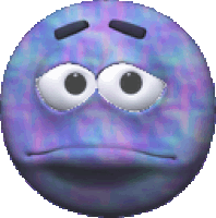 a purple smiley face with white eyes and a sad look on its face