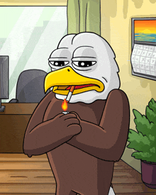 a cartoon of an eagle with a lighter in its beak
