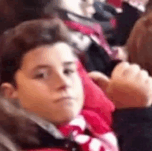 a young boy wearing a red scarf is sitting in a stadium with other people .