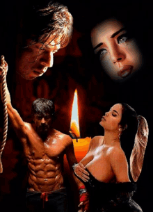 a man is tied to a rope while a woman stands next to a candle