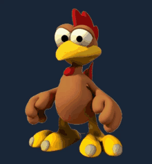 a cartoon chicken with a red crest and yellow paws