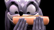 a cartoon character eating a hot dog with mustard and ketchup
