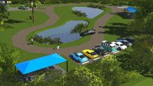 an aerial view of a park with cars parked and a blue shade