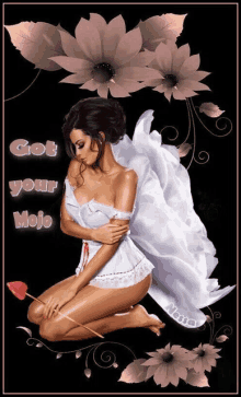 a picture of a woman with angel wings and the words " got your mojo " on the bottom