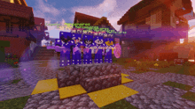 a screenshot of a minecraft game shows a group of people standing on a podium