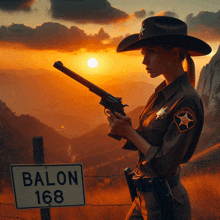 a woman in a sheriff 's uniform is holding a gun in front of a ballon 168 sign