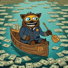 a cartoon of a police officer in a boat surrounded by money with the letters sd on it