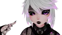 a girl with purple hair and black nails is pointing